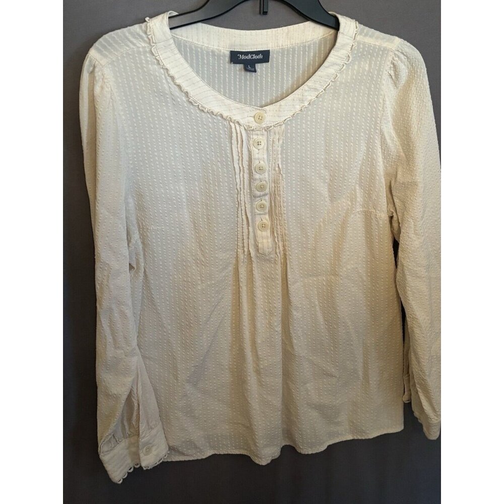 ModCloth Ivory Pintuck Button Down Blouse Size Large Long Sleeve